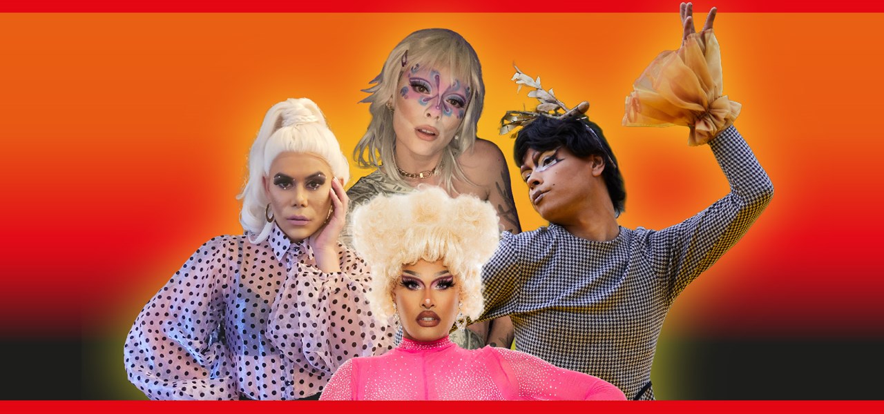 Four drag queens posing in front of a burnt orange background