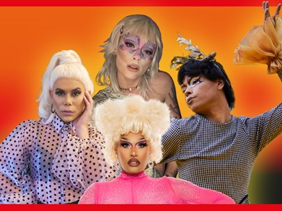 Four drag queens posing in front of a burnt orange background