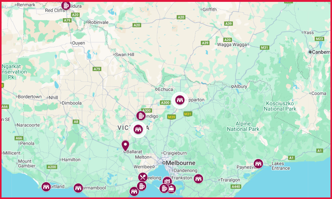 Map showing venue locations in Regional Victoria
