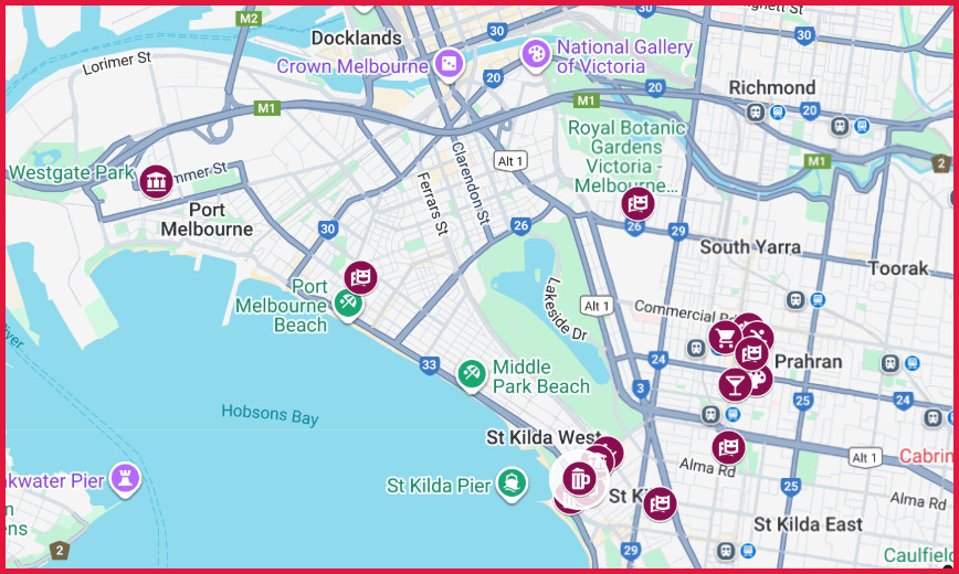Map showing venue locations in the South of Melbourne