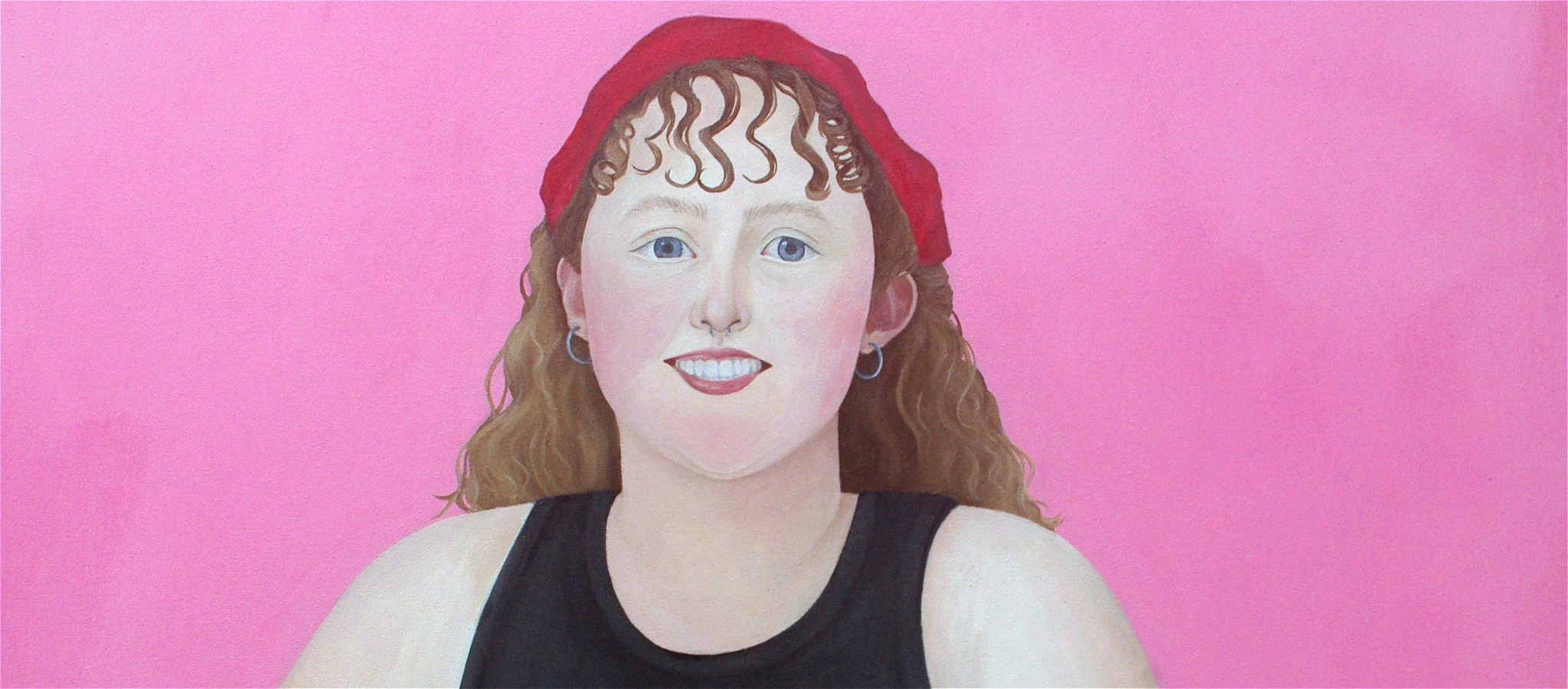 A painting of the artist sitting in a walker, with a pink background - she is wearing a red headpiece, their hair is down & they wear a black outfit.