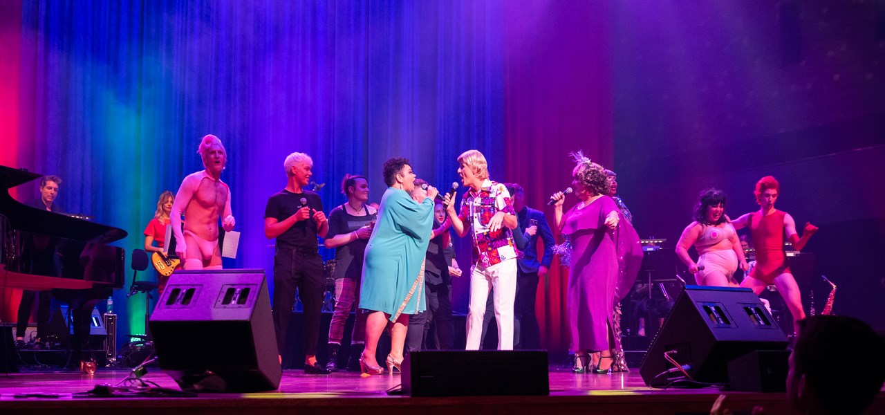 Performers on stage a Hamer Hall for Midsumma Extravaganza 2020