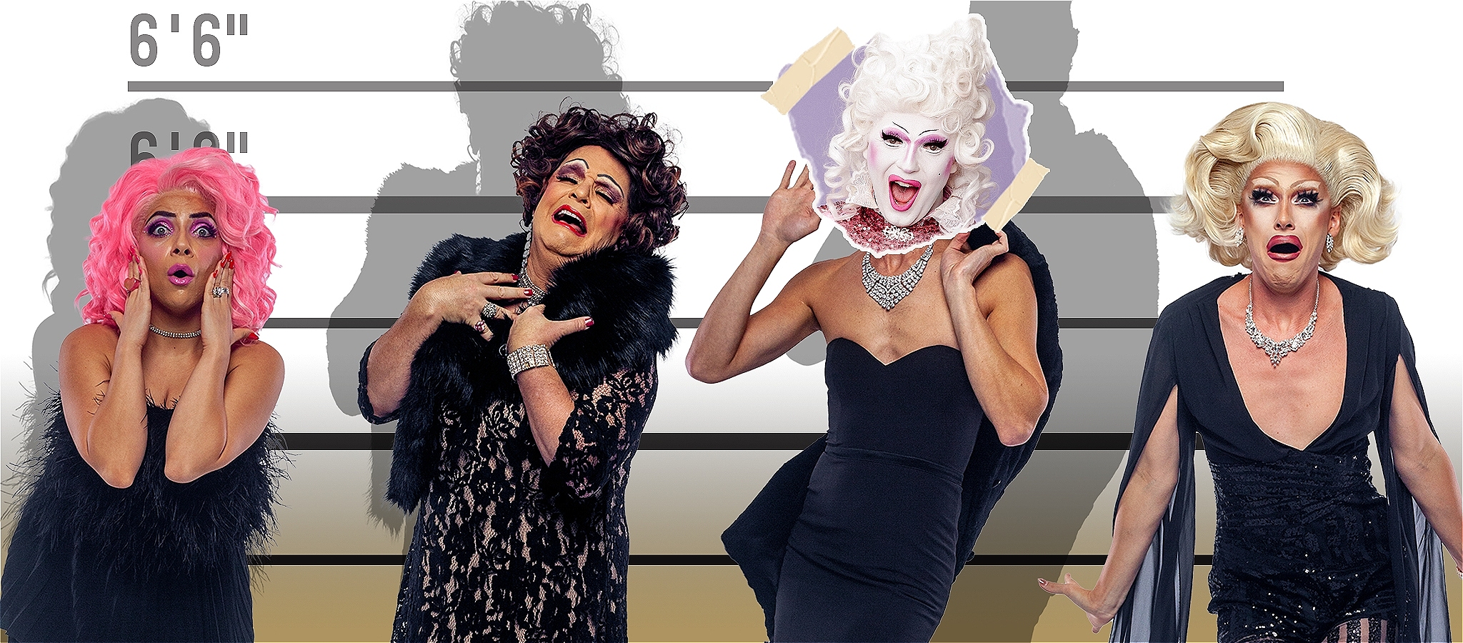 Four shocked drag queens along a police lineup