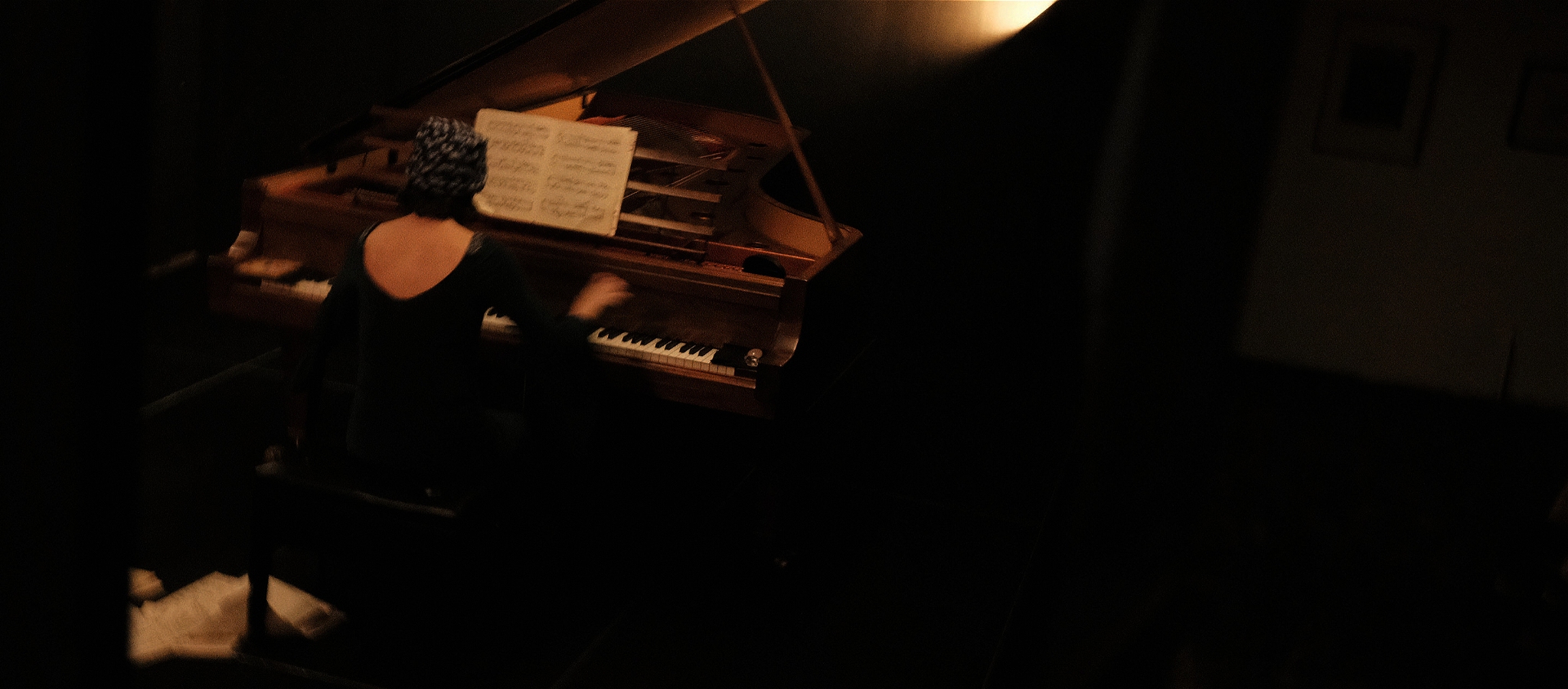 Pianist Danaë Killian photographed from behind as they perform in a darkly lit salon. Sheet music has been thrown onto the floor beside them.