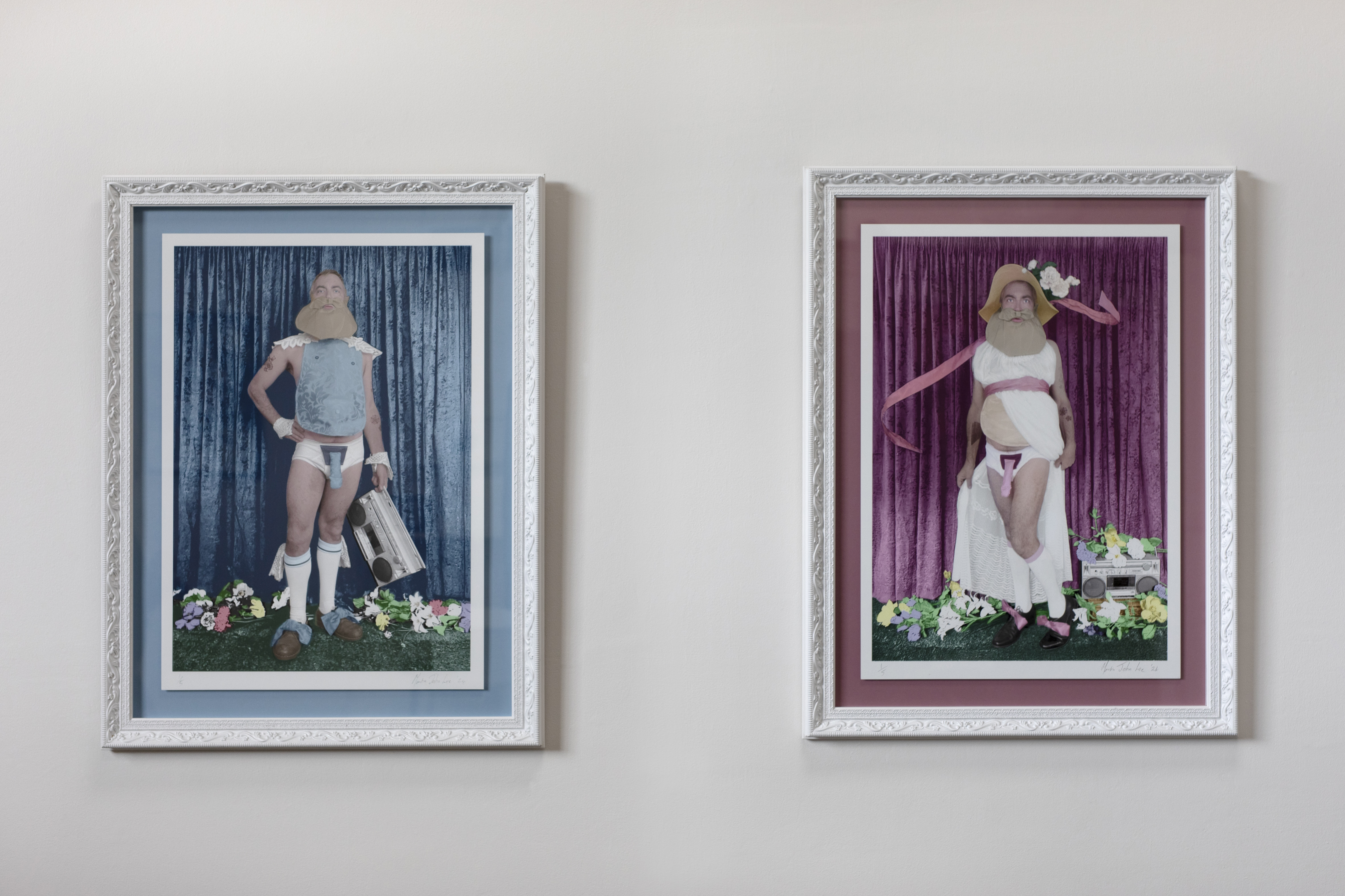 Two framed collages, one in blue tonings the other in pink. They both have large phaluses