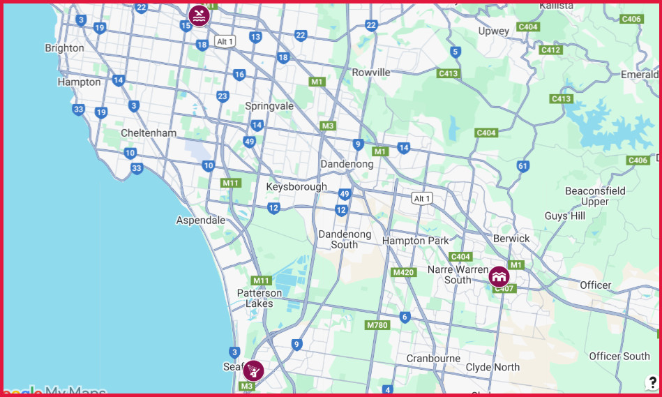 Map showing venue locations in the South East of Melbourne