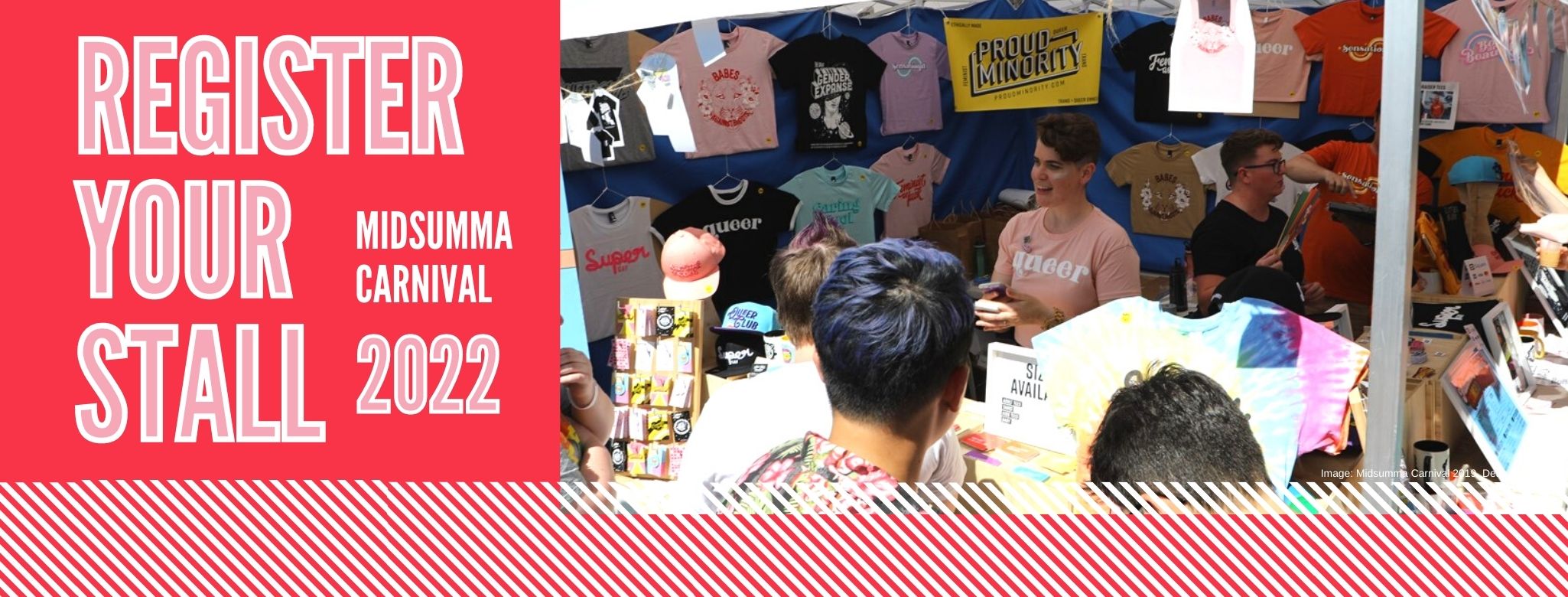 A stall at Midsumma Carnival with text: "Register Your Stall 2022"