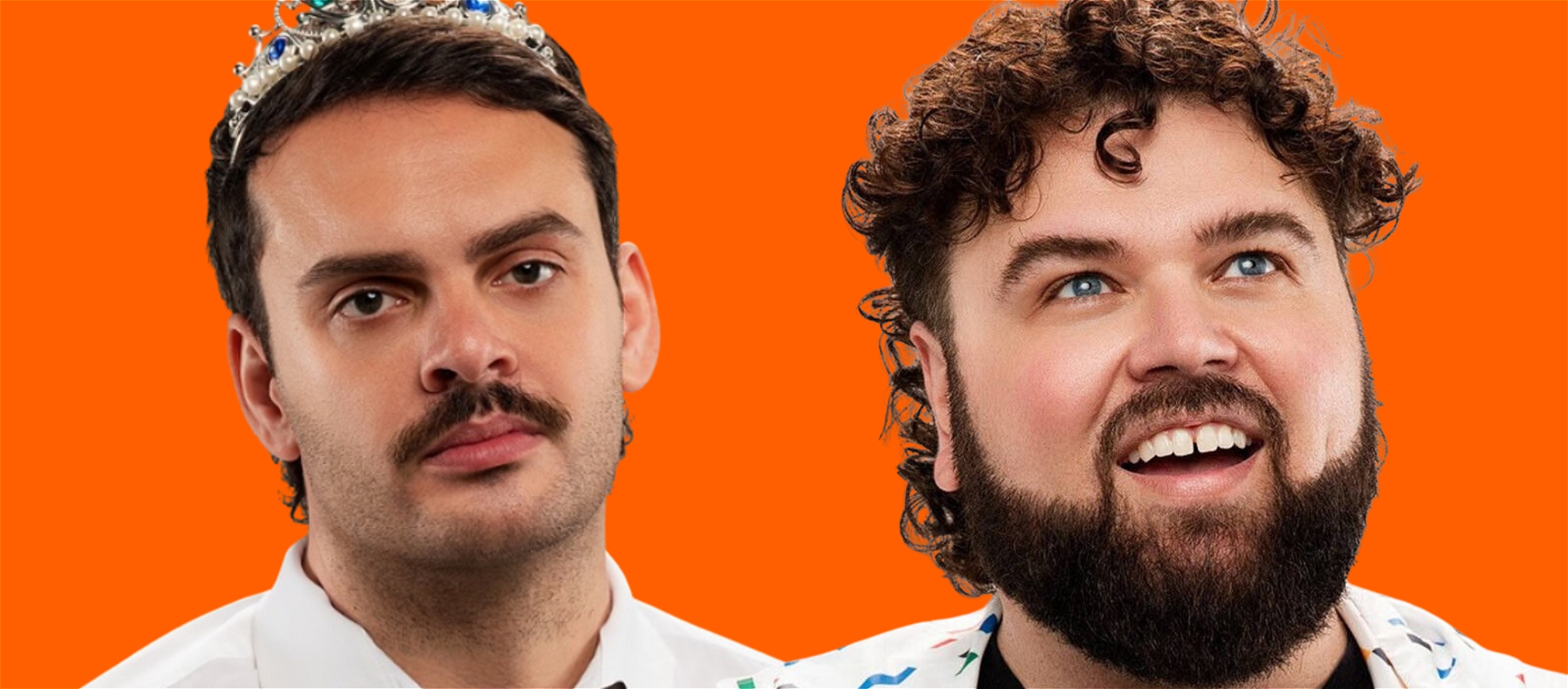 Two comedians standing against an orange background