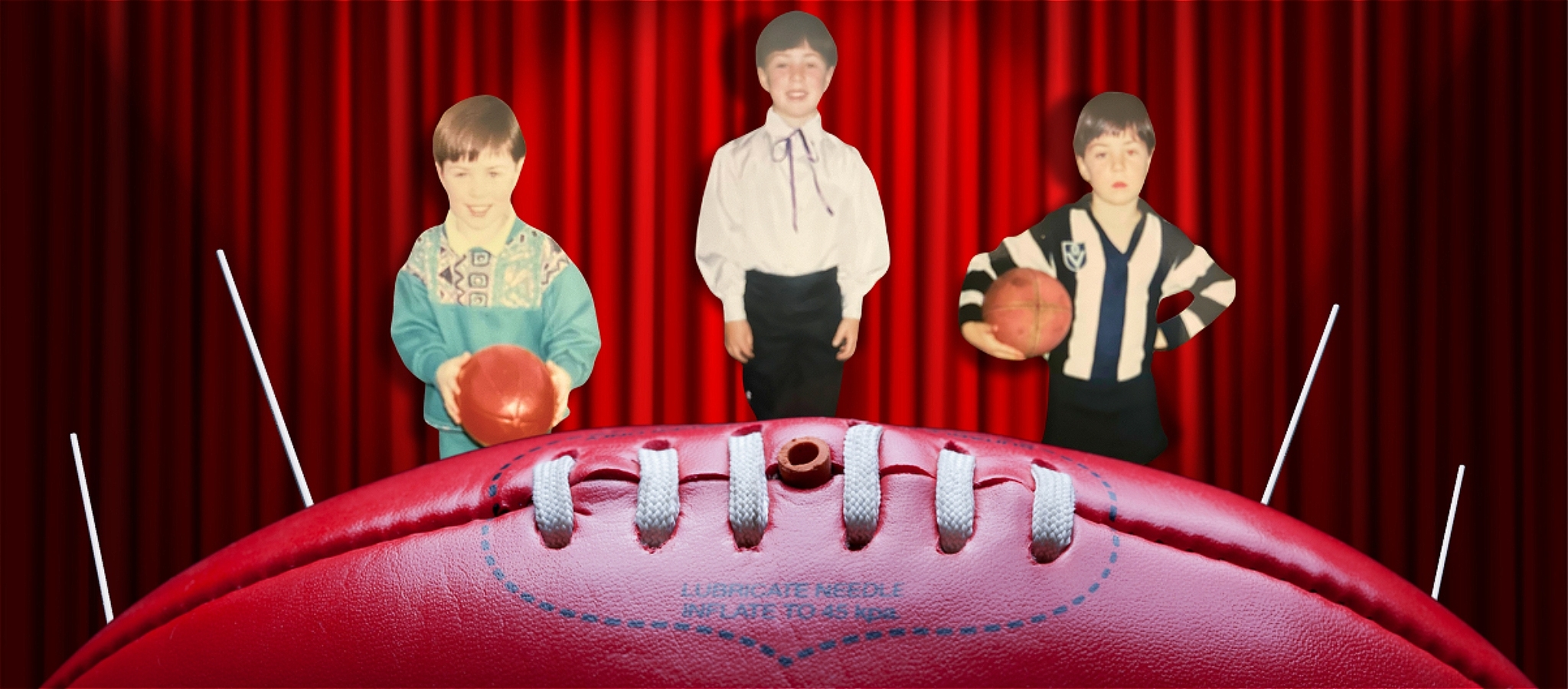 Three childhood photos of a young boy dressed in a footy uniform or holding a football, cut out and displayed behind the top laces of a foot ball.
