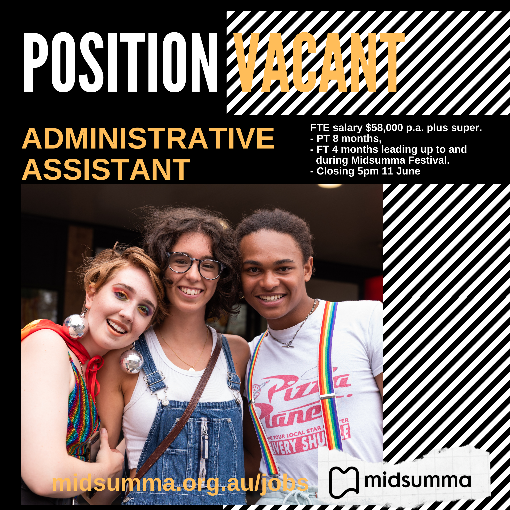Brochure with 3 people and the text "Position Vacant - Administrative Assistant"