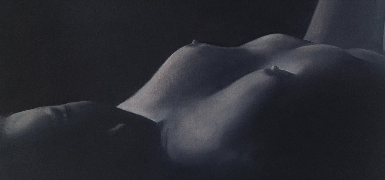 Monochrome painting of a nude woman laying on her back
