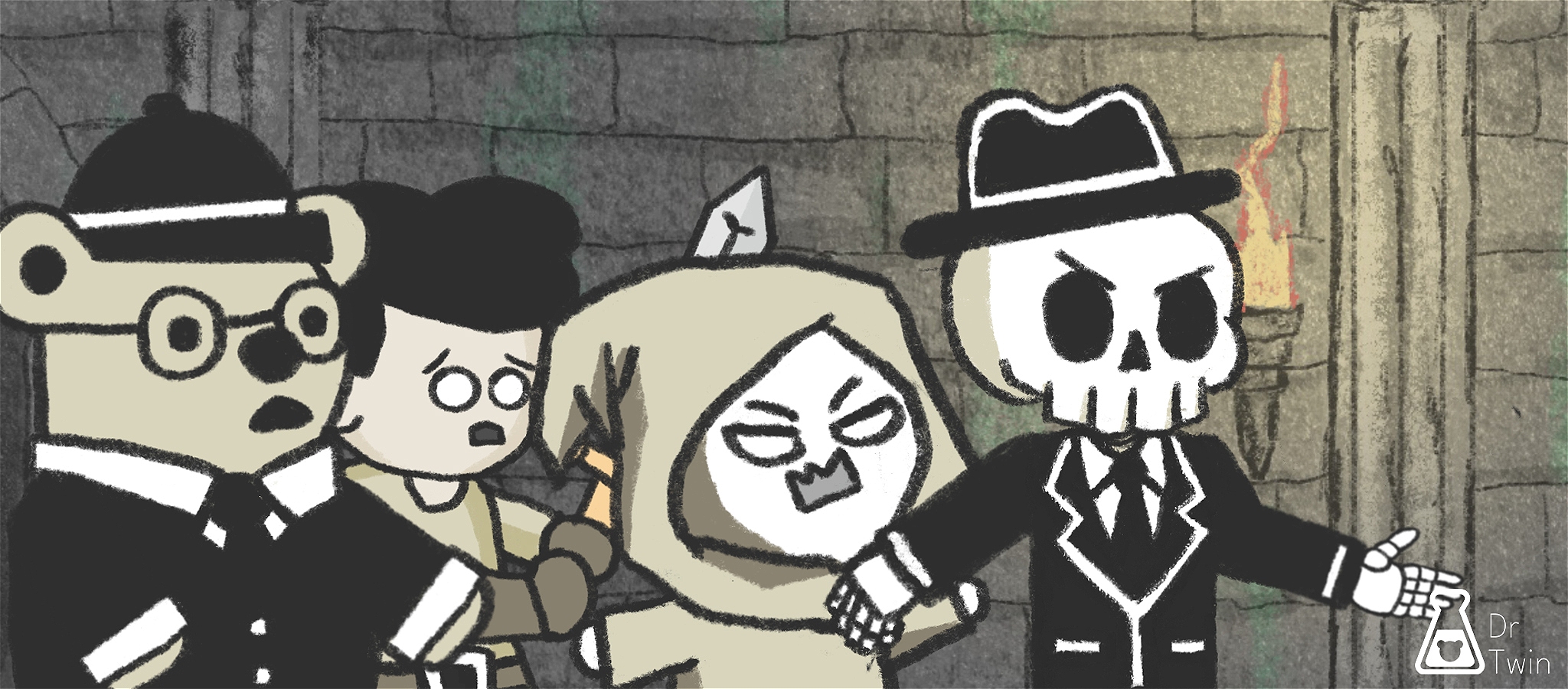 An illustration of Otso the bear, Bones the skeleton, and two other characters walking through a stone corridor lit by torches