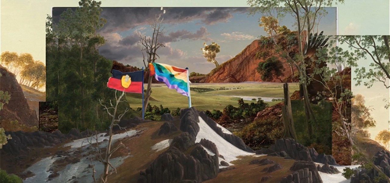 Artwork of landscape featuring the Aboriginal and LGBTI rainbow striped flag.