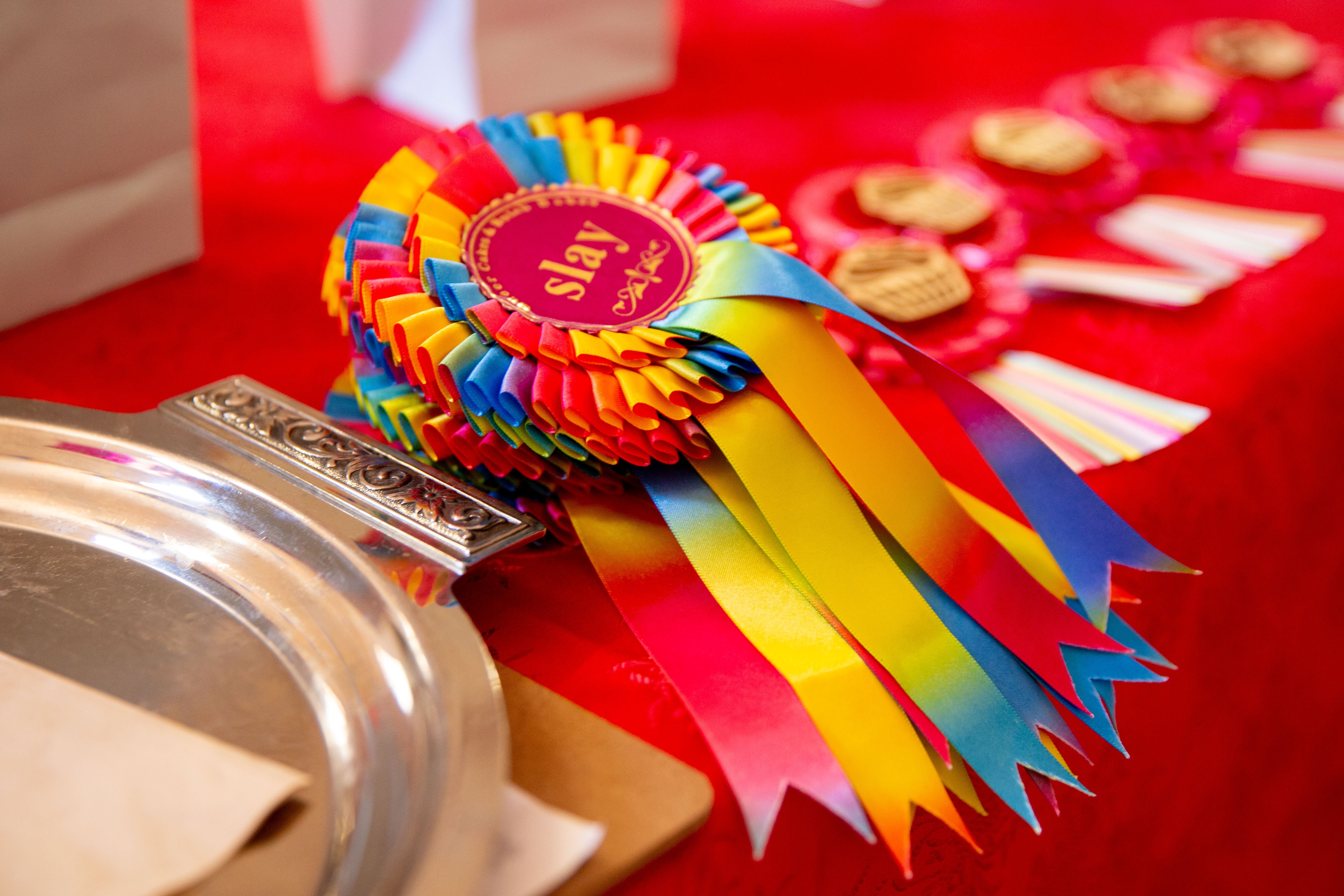A series of rainbow-coloured prize ribbons with the word SLAY visible