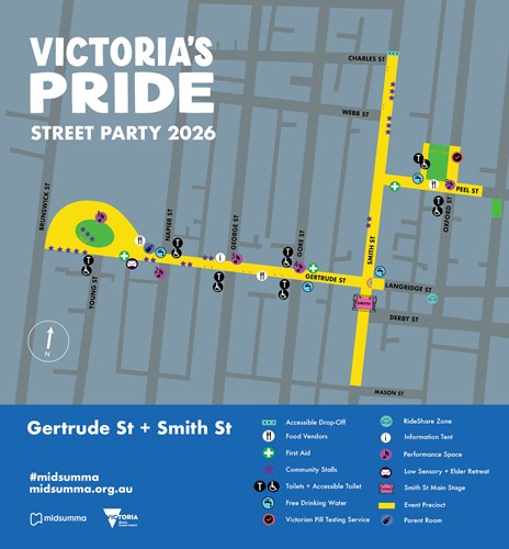 Map of the Victoria's Pride precinct around Gertrude, Smith and Peel streets