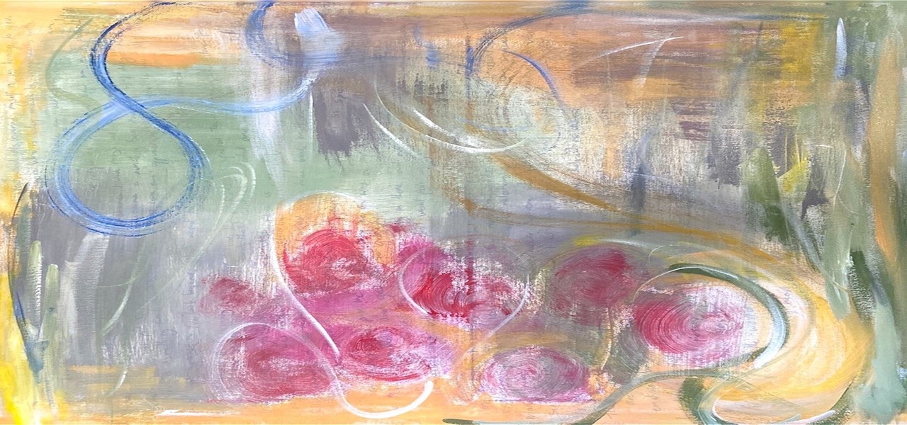 A painting consisting of a yellow, and green background. Blue swirls are in the top left corner, with red flowers placed in the bottom of the piece.