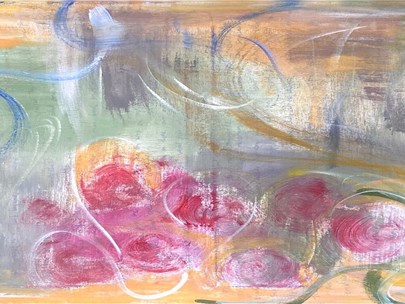 A painting consisting of a yellow, and green background. Blue swirls are in the top left corner, with red flowers placed in the bottom of the piece.