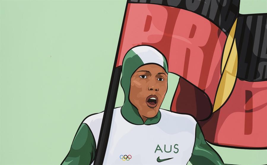 Cartoon-style image of a female, black athlete wearing Australian uniform with a Pride flag behind them