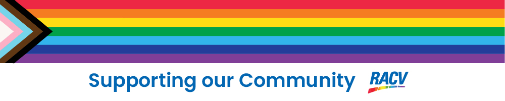 RACV banner with rainbow colours and text - Supporting our Community