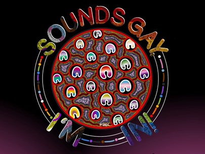 Text 'Sounds Gay, I'm In' in the shape of the circle. In the centre is artwork featuring colours of various pride flags. Design by Yorta Yorta artist, G.