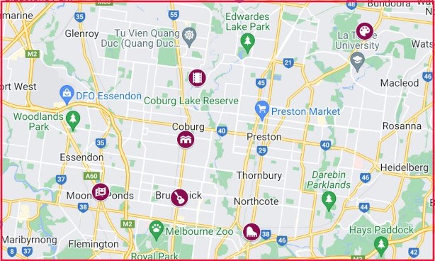 Map of the north of Melbourne  with Midsumma venues marked on it