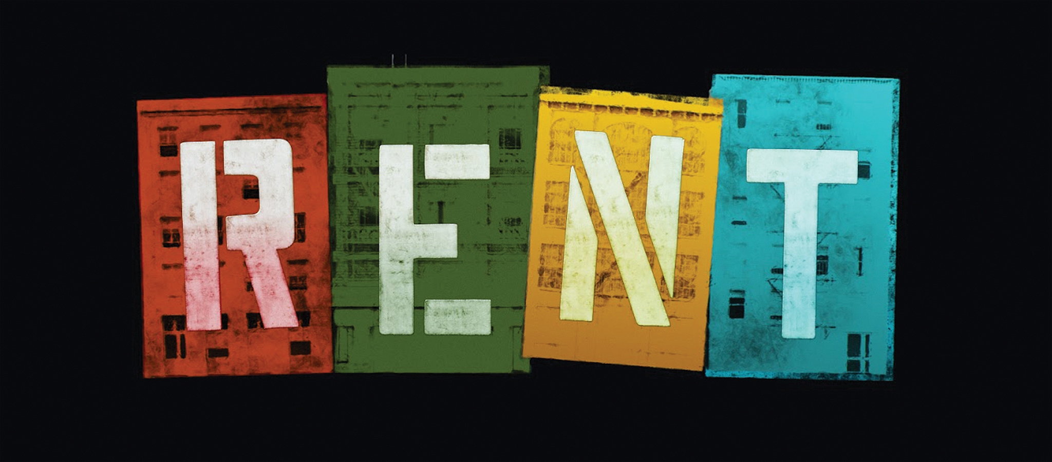 The RENT logo painted on images of New York Apartment buildings