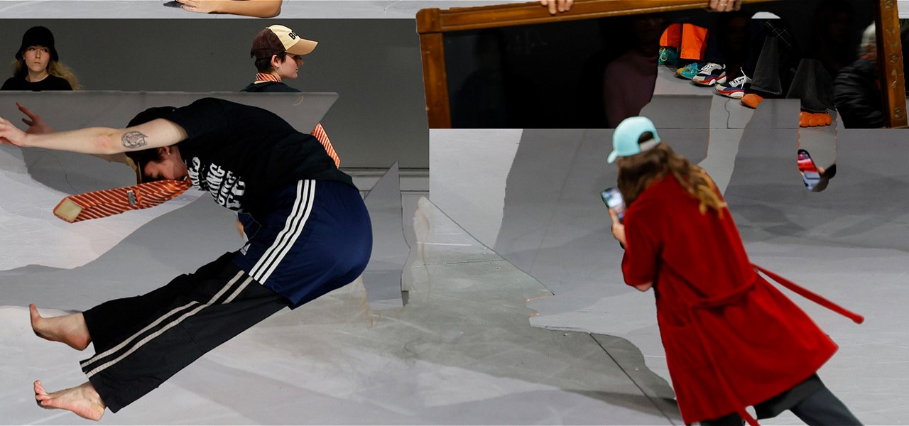 A photographic collage of bodies moving through space in casual clothing such as adidas shorts and a red dressing gown.