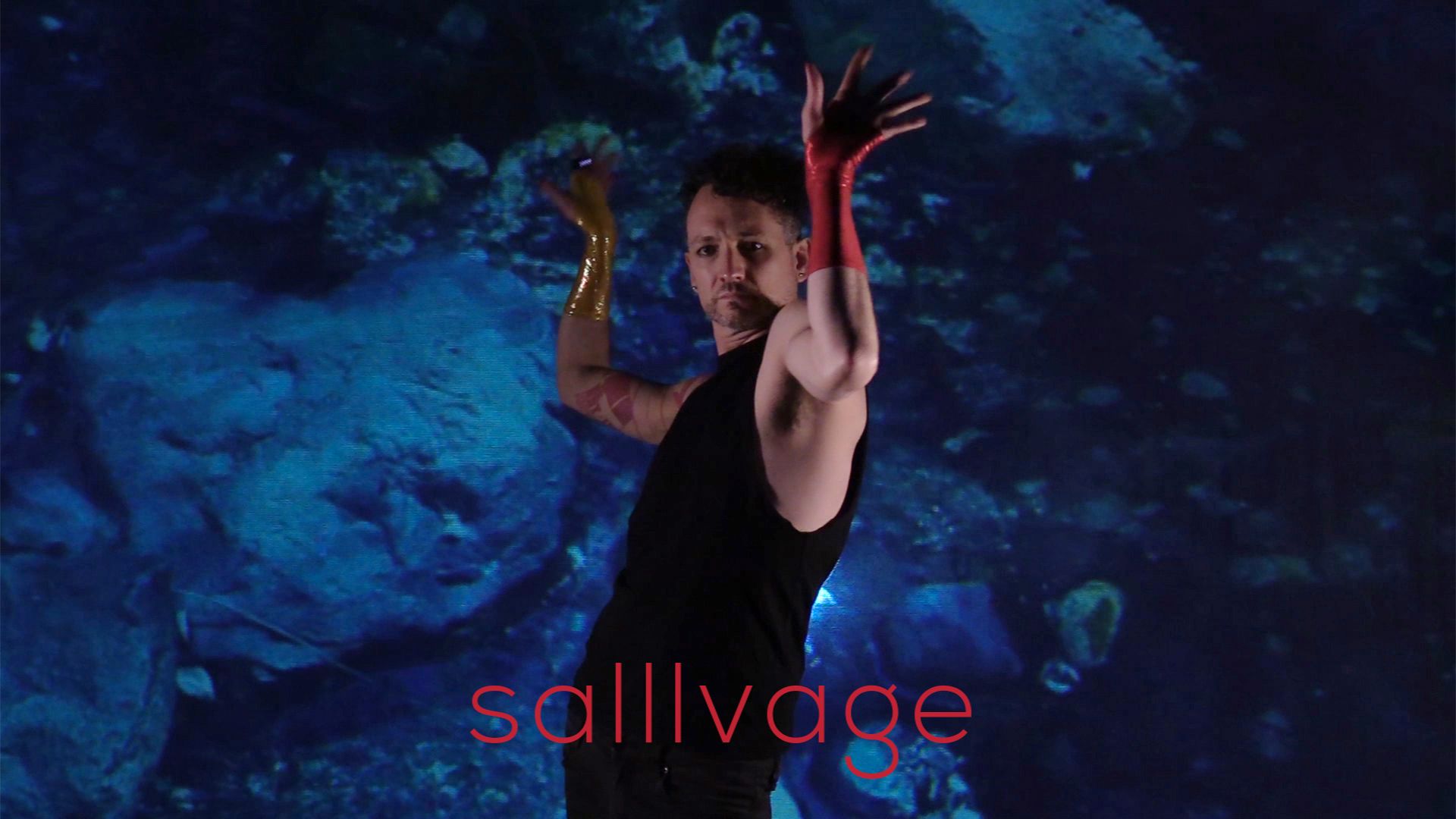 Male-identifying person in a dance pose, hands outstretched sideways. Clouds in the backgroung. Text: "salllvage"