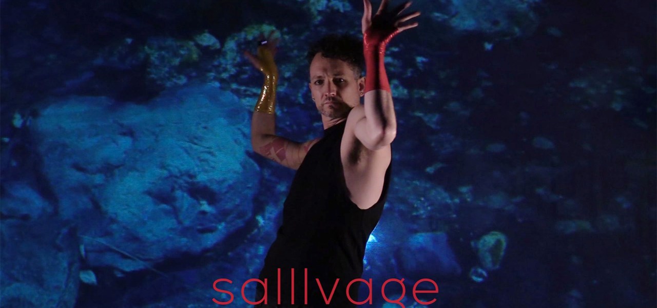 Male-identifying person in a dance pose, hands outstretched sideways. Clouds in the backgroung. Text: "salllvage"