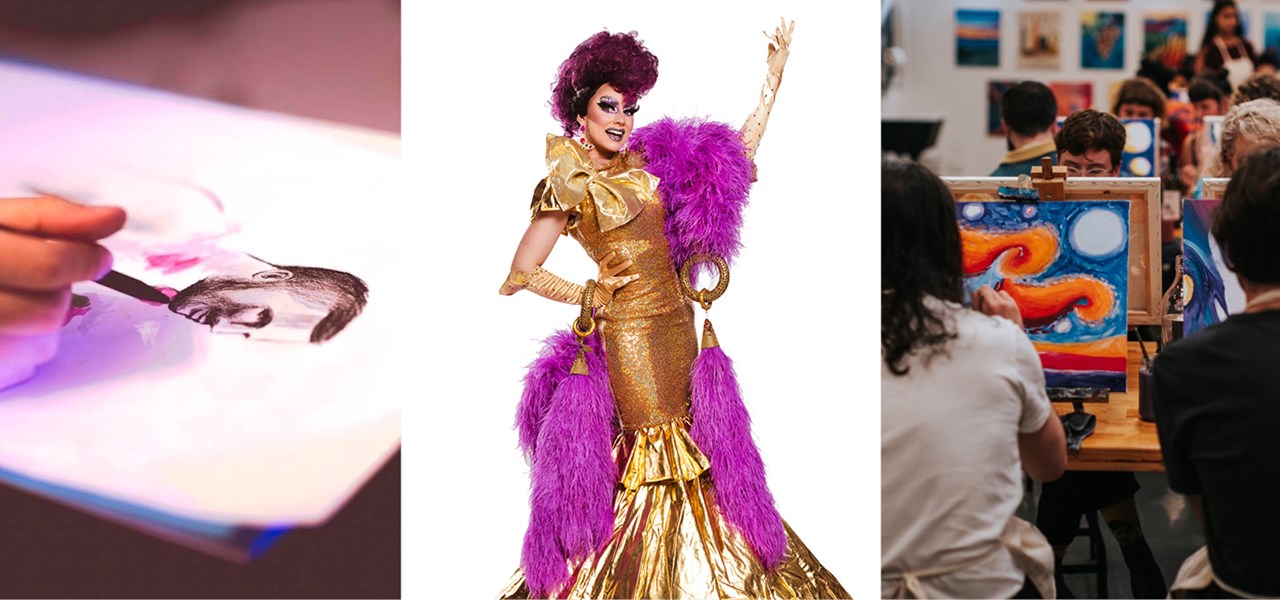 Collage of three photos: a person painting a portrait; a drag queen in gold gown; and artists in a workshop/class