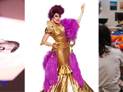Collage of three photos: a person painting a portrait; a drag queen in gold gown; and artists in a workshop/class