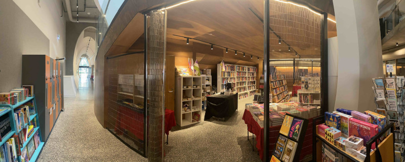 Panoramic view of the Hares and Hyenas bookshop in the Victorian Pride Centre