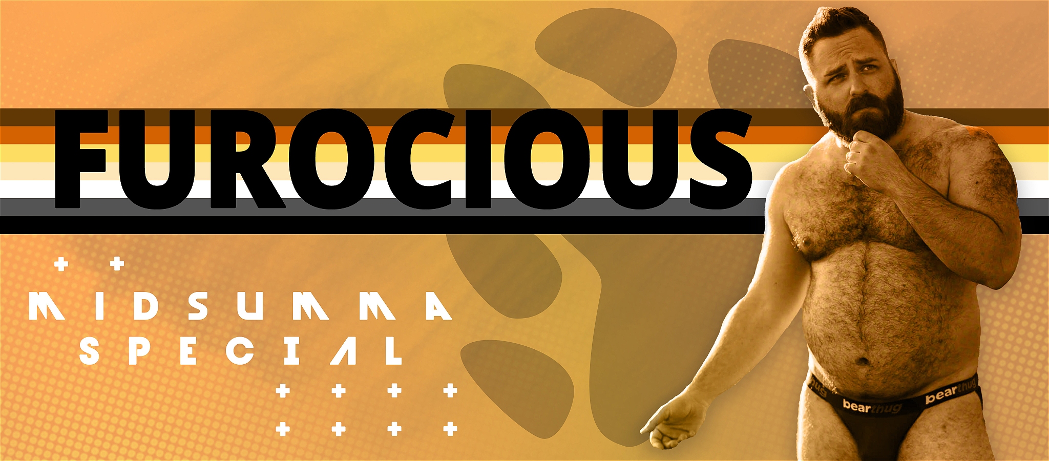 On a yellow background displays a male figure with a bear physique and text FUROCIOUS displayed on the bear flag.