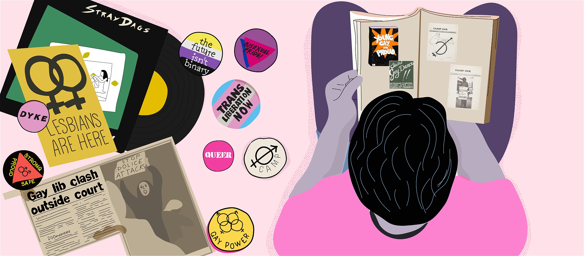 A illustrated collage of a person looking down at a scrapbook of images from queer history, surrounded by queer headlines, badges, and music records.