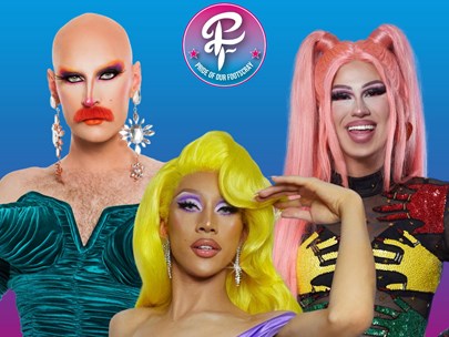 Three drag performers with a PRIDE OF OUR FOOTSCRAY logo
