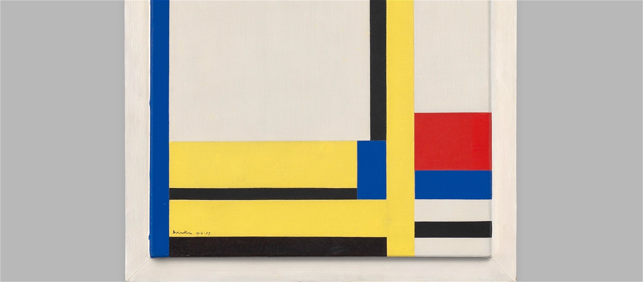 A blue red yellow black and white geometric painting