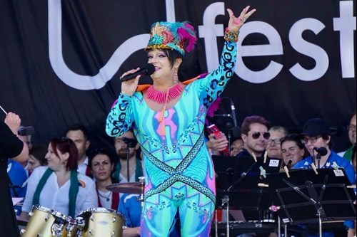 Dolly Diamond on stage at Midsumma Carnival
