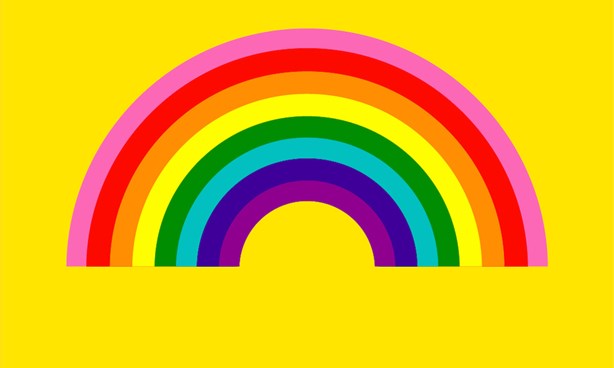 Gilbert Baker Gay Pride Flag against a yellow background