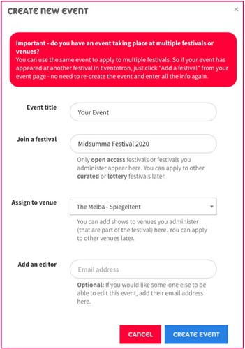 Screenshot showing how to join a festival within Eventotron