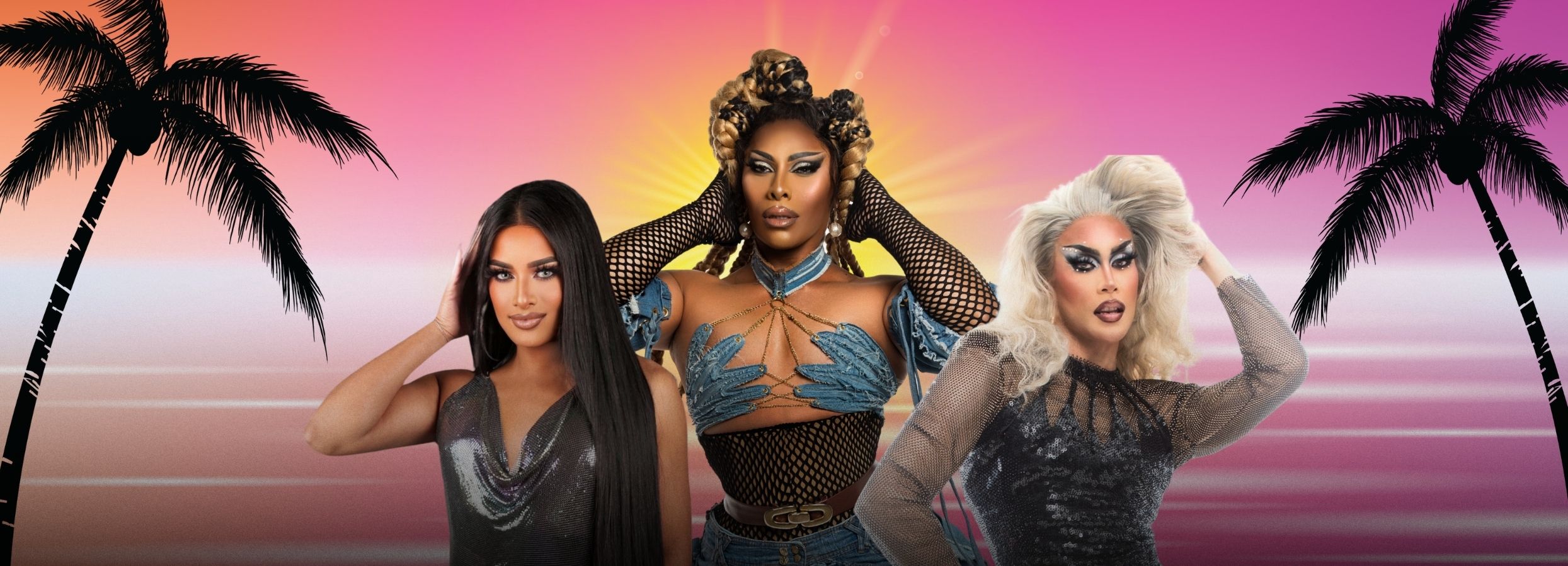 Three drag queens in front of a tropical illustrated pink background.