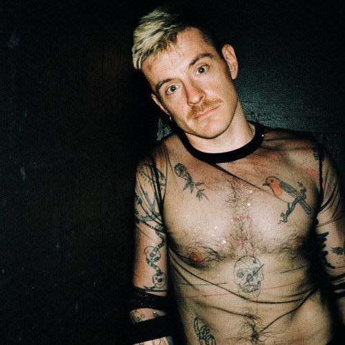 Christopher Bryant wearing a see-through shirt exposing their slightly hairy chest