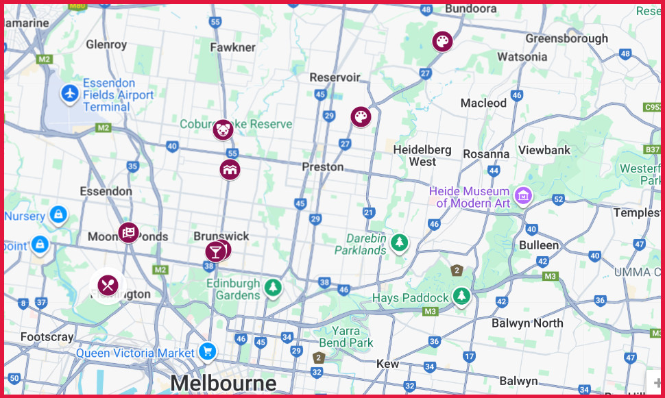 Map showing venue locations in the North of Melbourne