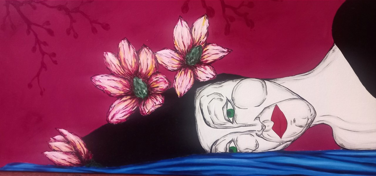 Acrylic painting with maroon background of a lady laying down with flowers in her hair