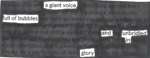 Text: a giant voice/full of bubbles/and/unbridled in/glory
