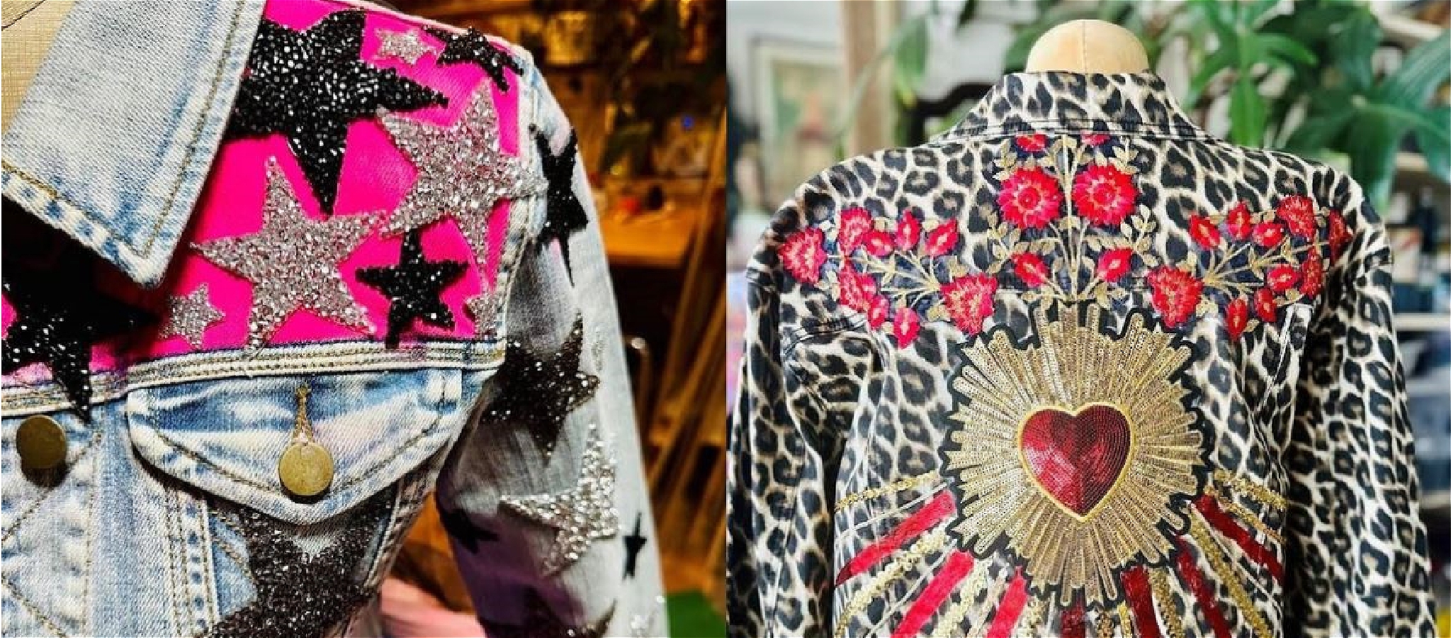 A denim jacket and a leopard print jacket - both with bright sparkly decorations