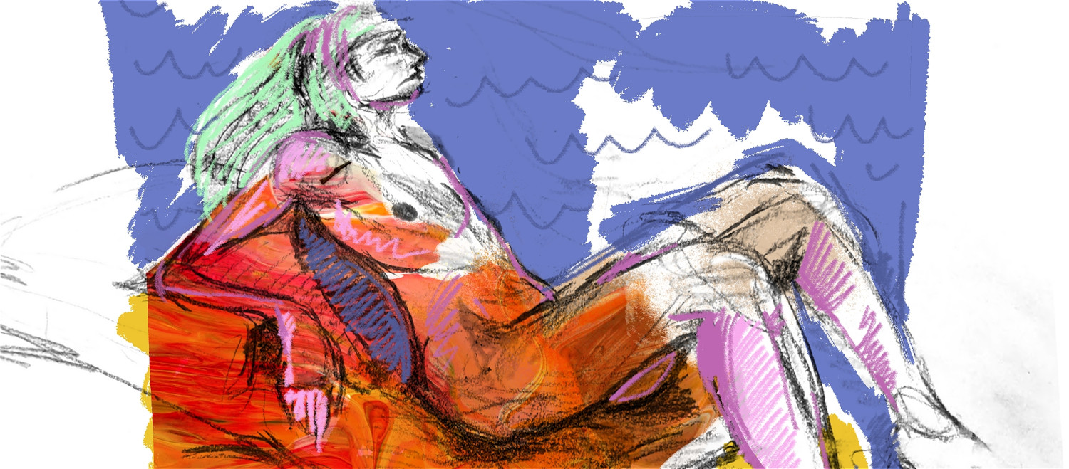 A charcoal sketched androgynous figure reclining with colourful green hair and a background of colourful paint washes.