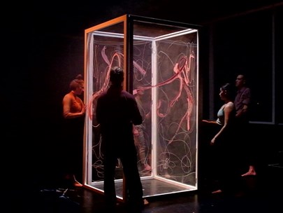 Glass cubicle on stage with performers surrounding it, audience in background
