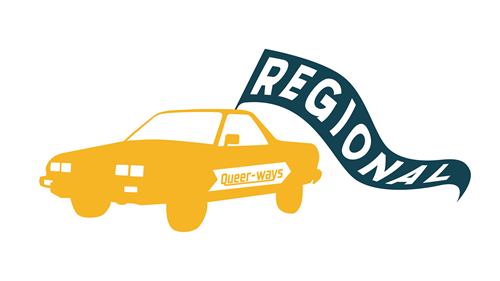 Graphic of a car with a "Queer-ways" sign on the side and a giant "REGIONAL" flag