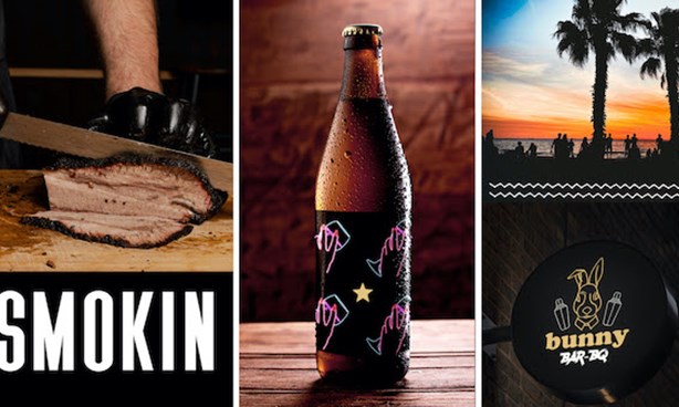Bunny Bar brochure: meat being carved, a beer bottle and a sunset beach view