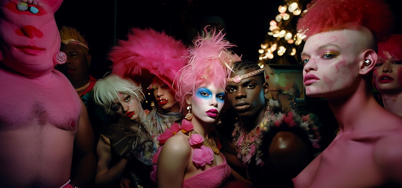 A group of queer people in a grungey night club dressed extravagantly stare into the camera